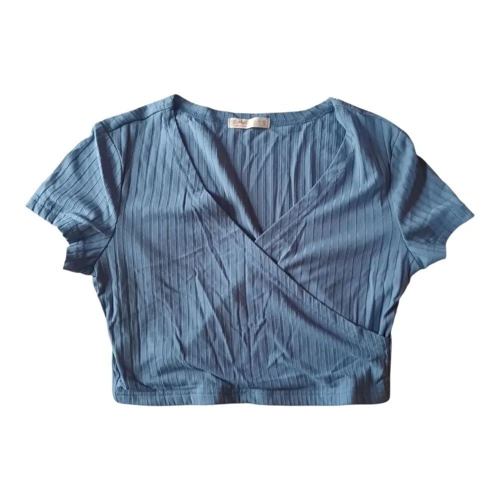 ROMWE Blue Ribbed Crop Wrap Blouse